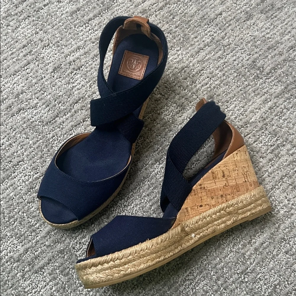 Tory Burch Natanya Wedge Espadrille Sandals Navy Blue